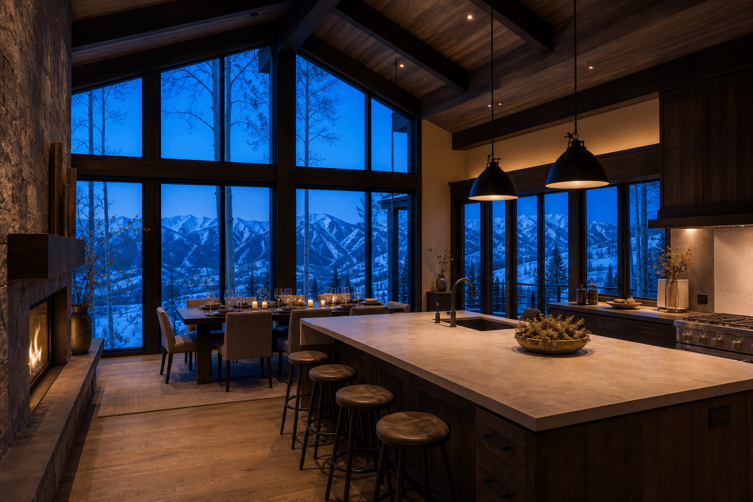 Fictional mountain kitchen and dining room