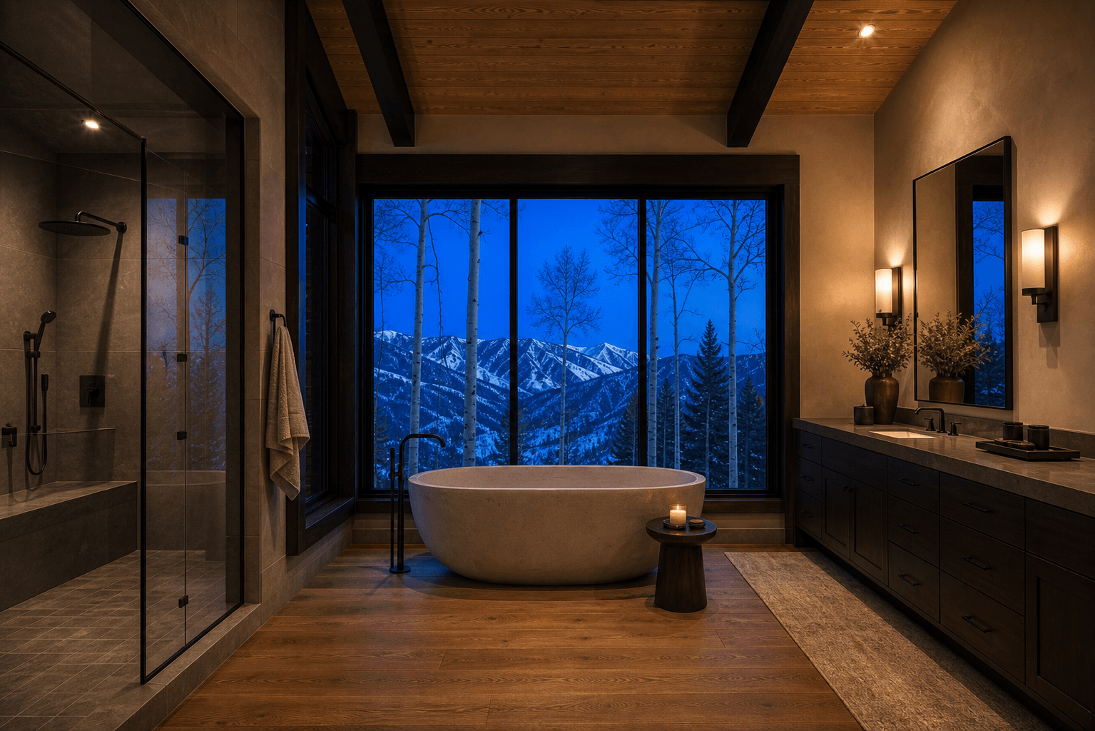 Fictional mountain primary bathroom